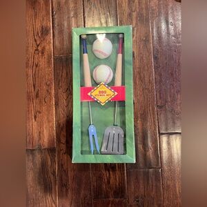 BBQ Utensil Set Baseball Themed - Salt Pepper Spatula Fork From Hallmark NEW